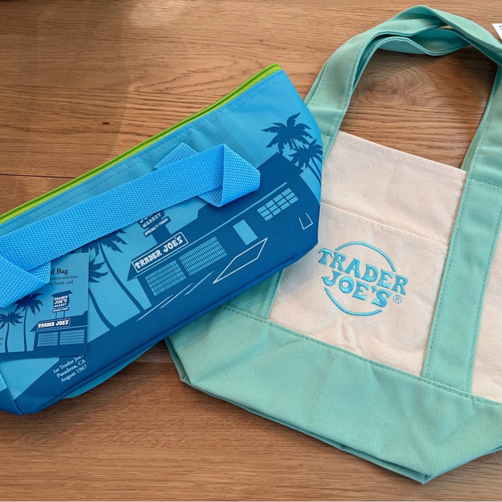 Trader Joe’s viral Turquoise tote bag & blue cooler
